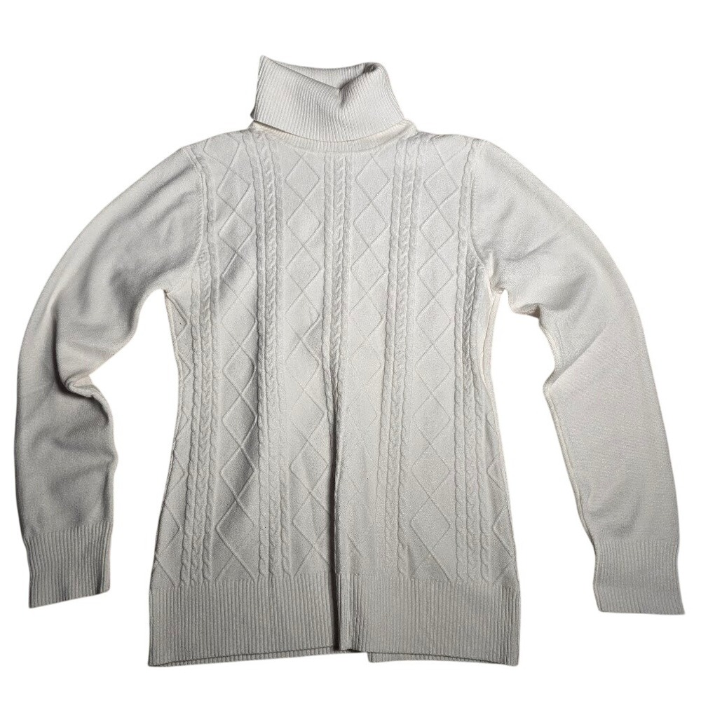 Abollria Womens White Cable Knit Turtleneck Sweater XL Long/S  Diamond Pattern